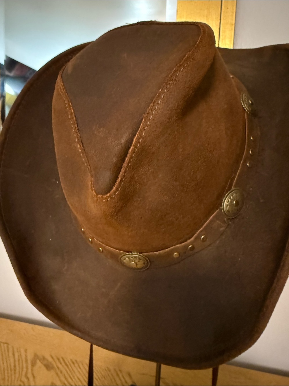 Minnetonka Brown Suede Cowboy Hat with Decorative Conchos